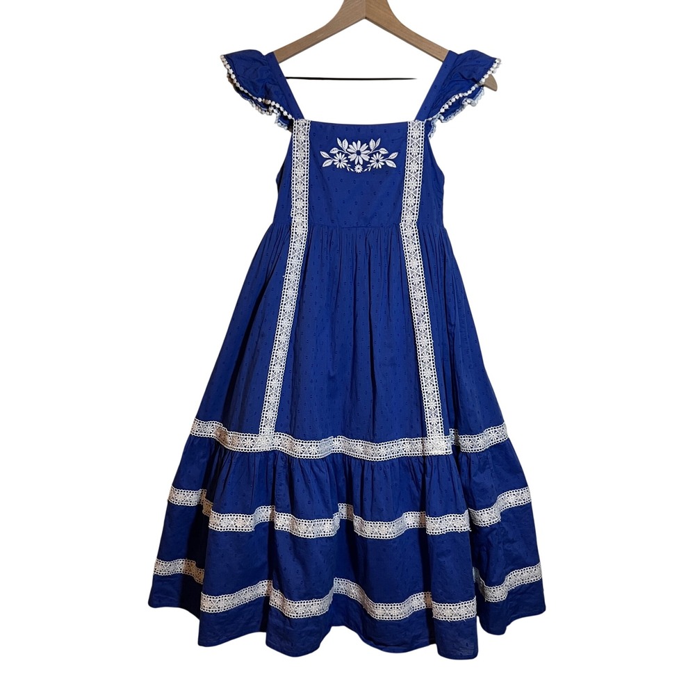 Ettavee Blue White Cotton Dobby Embroidered Lace Tiered Maxi Dress Girls Size 10
